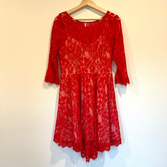 Free People Red Lace Skater Dress | Women's Size 12 - Picture 4 of 10